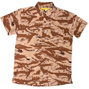 Warrior Desert Tiger Camo Short Sleeve Button Shirt Brown Stretch Mens Medium